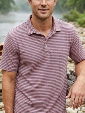 Orvis Men's XL Salmon Coral Navy Stripe Short Sleeve Polo Shirt Made in Peru EUC